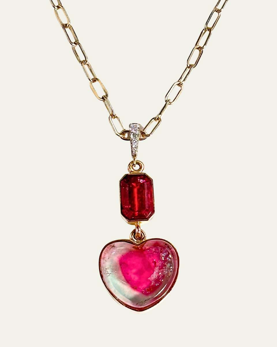 Rubellite, Tourmaline Slice and Diamond Heart Necklace